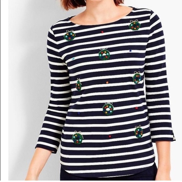 Talbots Tops - Talbots Christmas Wreath Pompoms 3/4 Sleeve Striped Boat Neck Shirt Size Medium
